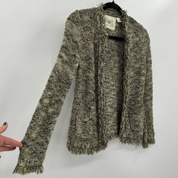 ANTHROPOLOGIE Angel Of The North Green Knit Fringe Boho Cardigan Sweater Small - Picture 5 of 7